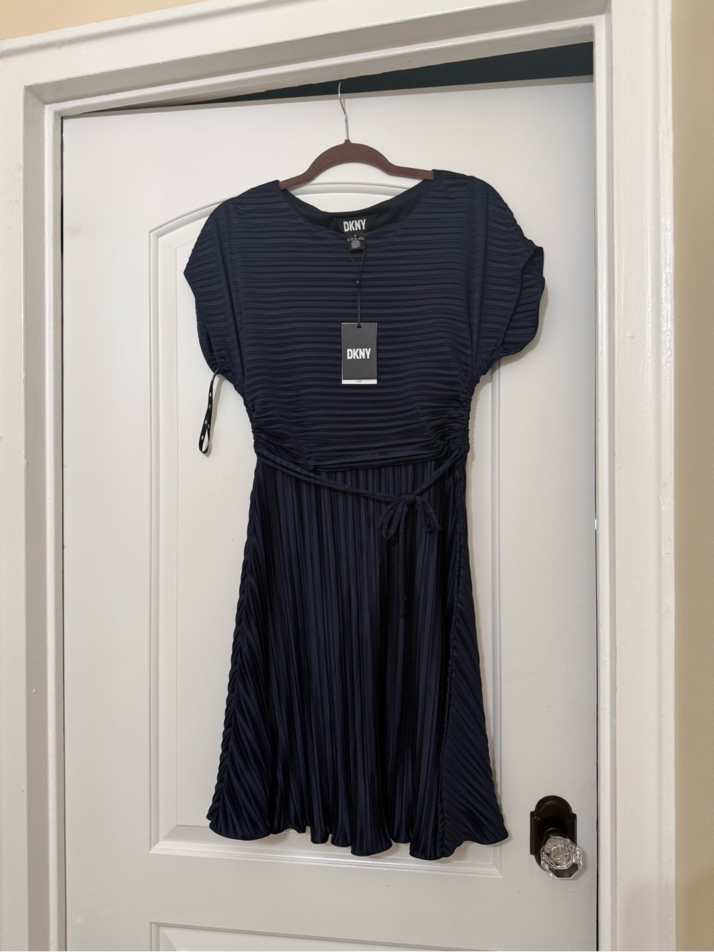 DKNY Navy Pleated Midi Dress with Waist Tie